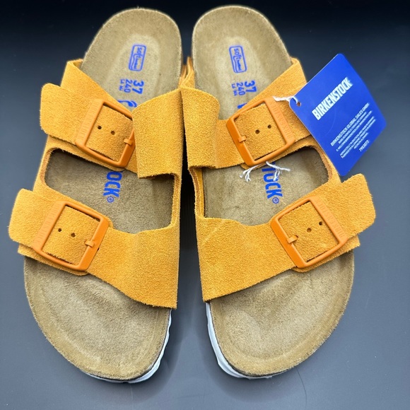 New! BIRKENSTOCK Arizona Women's Soft Bed Suede Mules Yellow Orange Size US 6 - Picture 6 of 16
